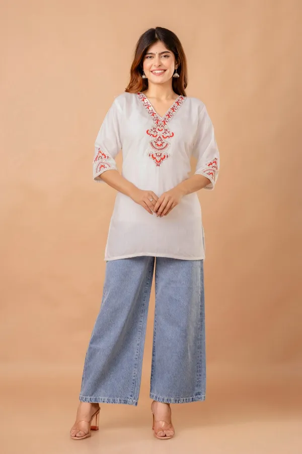 White_Garden_Cotton_Short_Kurta_White_With_Red_Floral_Embroidery