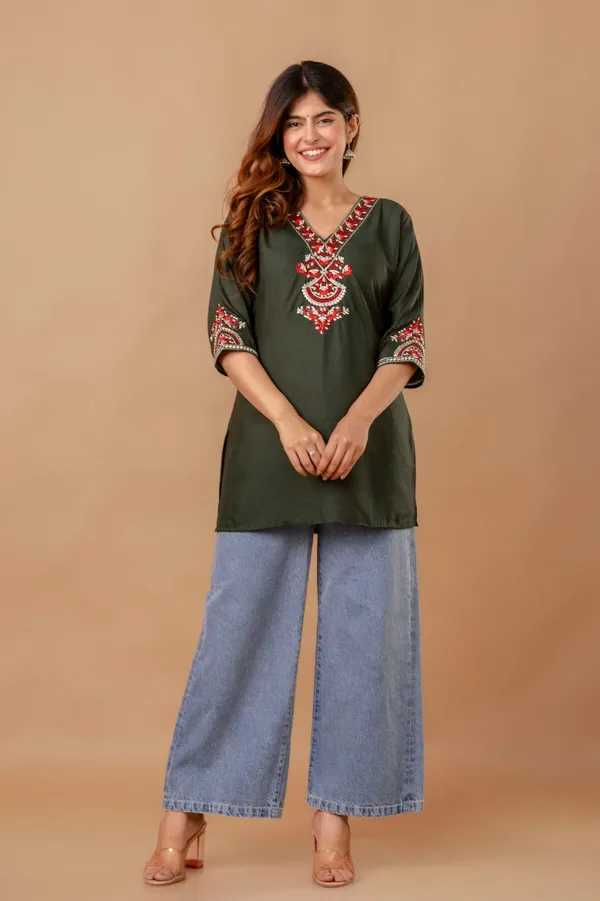 Olive_Garden_Cotton_Short_Kurta_Olive_With_Red_Floral_Embroidery