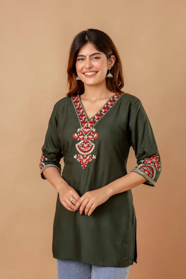 Olive_Garden_Cotton_Short_Kurta_Olive_With_Red_Floral_Embroidery
