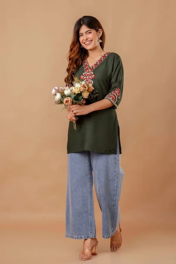 Olive_Garden_Cotton_Short_Kurta_Olive_With_Red_Floral_Embroidery
