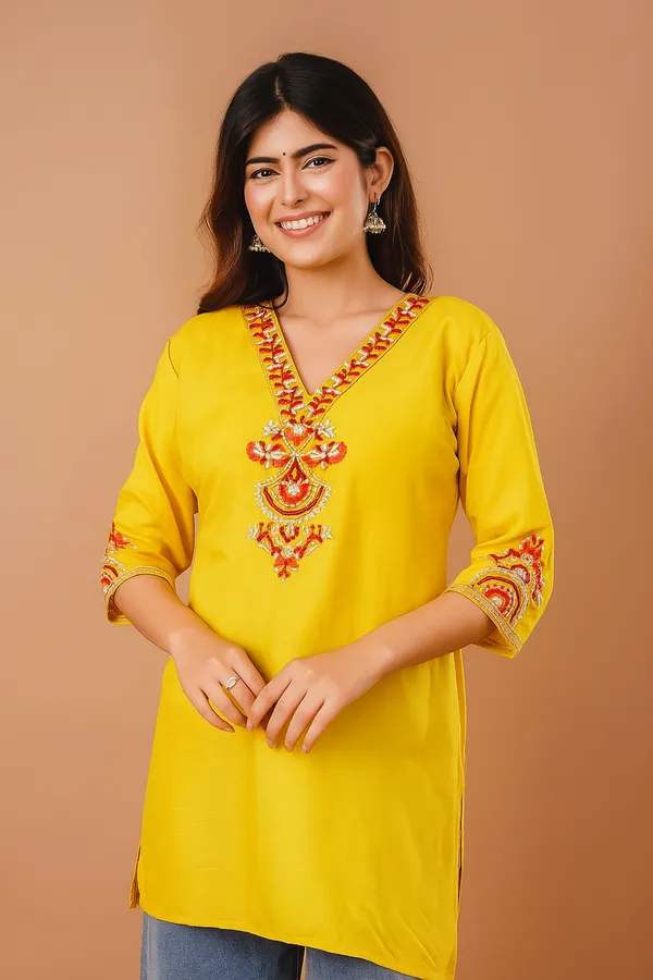 Mustard_Garden_Cotton_Short_Kurta_Yellow_With_Red_Floral_Embroidery