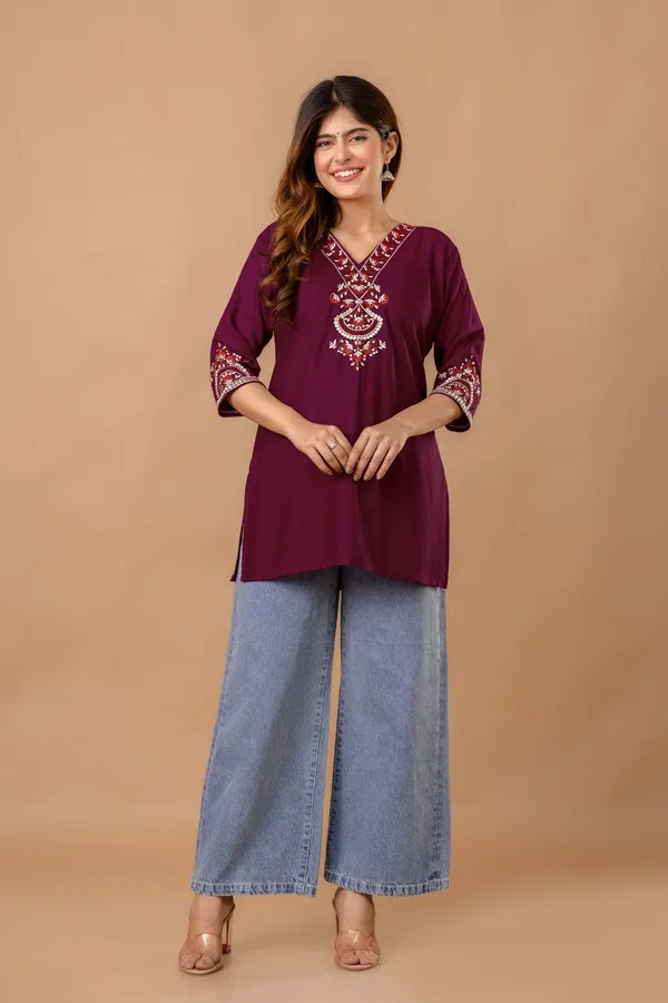 Maroon_Garden_Cotton_Short_Kurta_Maroon_With_Red_Floral_Embroidery