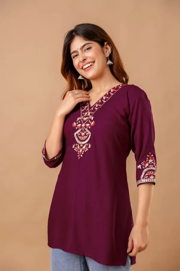 Maroon_Garden_Cotton_Short_Kurta_Maroon_With_Red_Floral_Embroidery