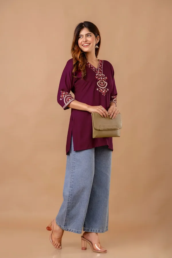 Maroon_Garden_Cotton_Short_Kurta_Maroon_With_Red_Floral_Embroidery