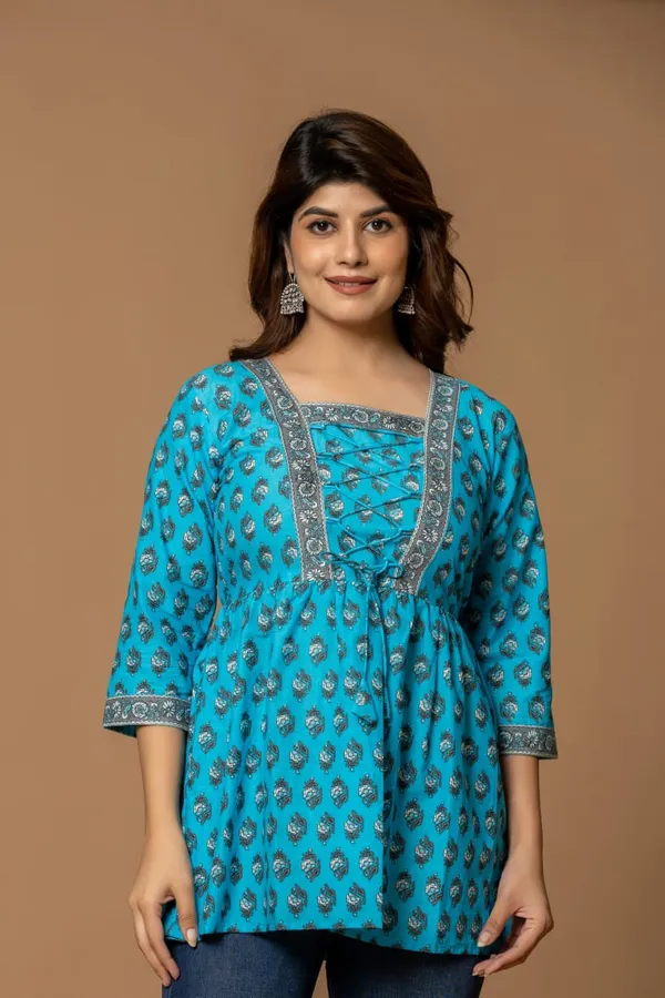 Peacock_Blues_Cotton_Short_Kurta_Turquoise_Silver_Print_With_Lace_Detailing