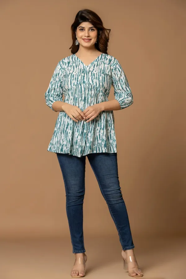 Aqua_Stripes_Cotton_Short_Kurta_Teal_White_Abstract_Print