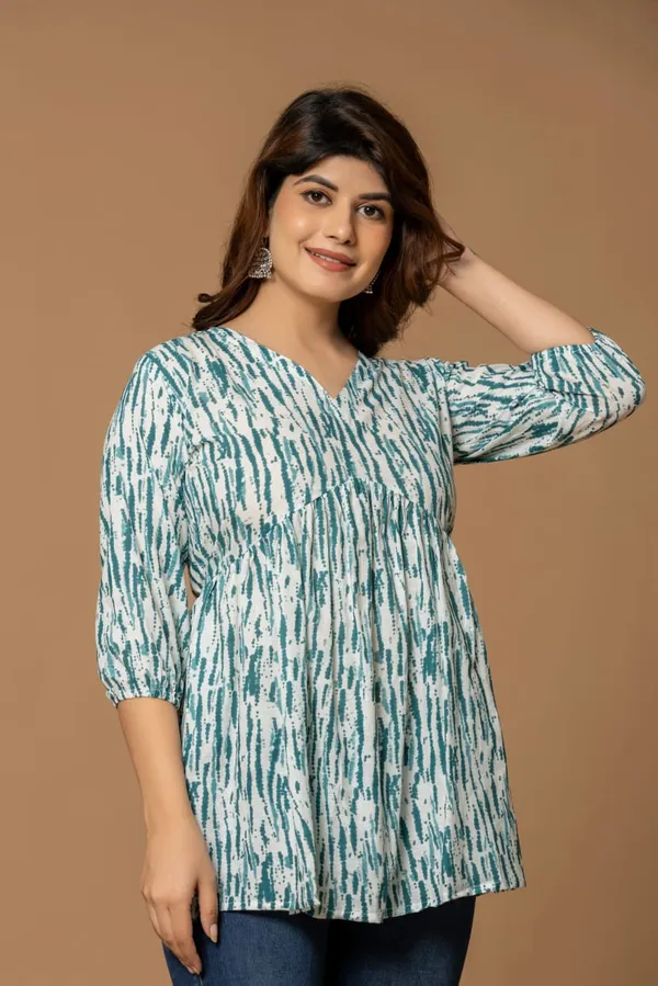 Aqua_Stripes_Cotton_Short_Kurta_Teal_White_Abstract_Print