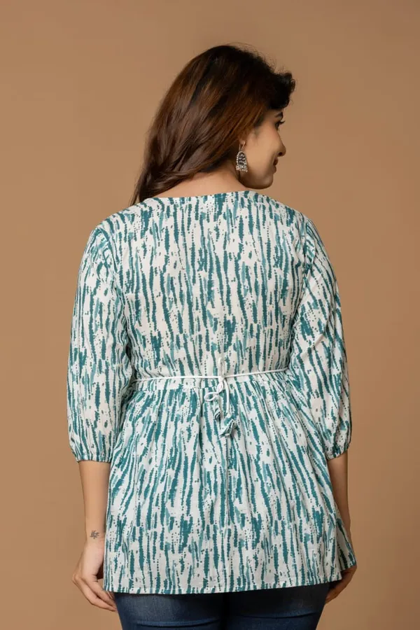 Aqua_Stripes_Cotton_Short_Kurta_Teal_White_Abstract_Print