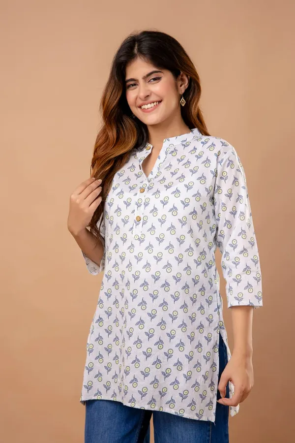 Floral_Breeze_Cotton_Short_Kurta_White_Blue_Floral_Print_With_Button_Detail