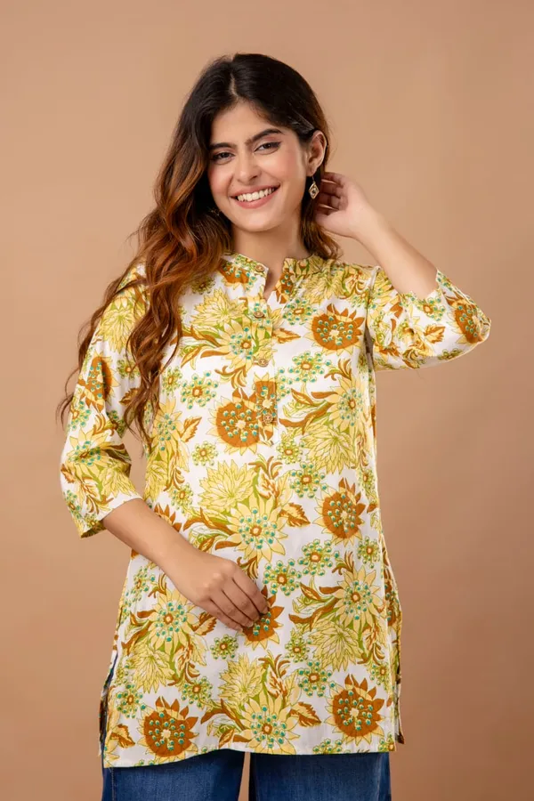 Golden_Blossom_Cotton_Short_Kurta_Yellow_Green_Floral_Print
