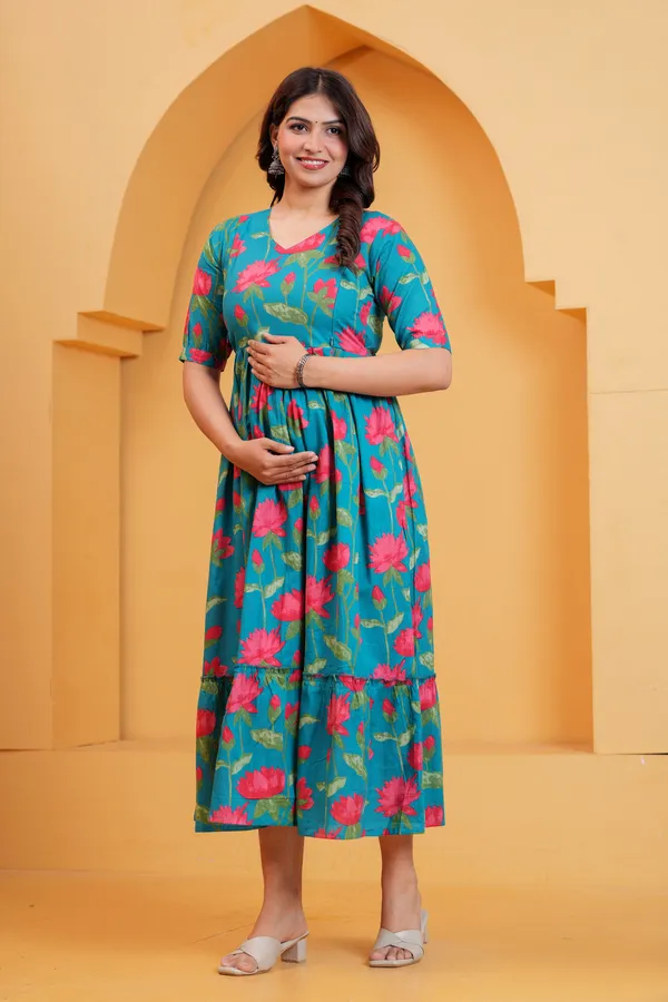 Teal_Lotus_Bloom_Maternity_Dress