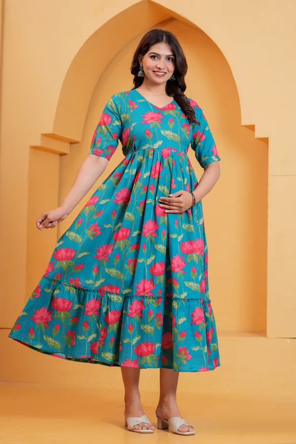 Teal_Lotus_Bloom_Maternity_Dress