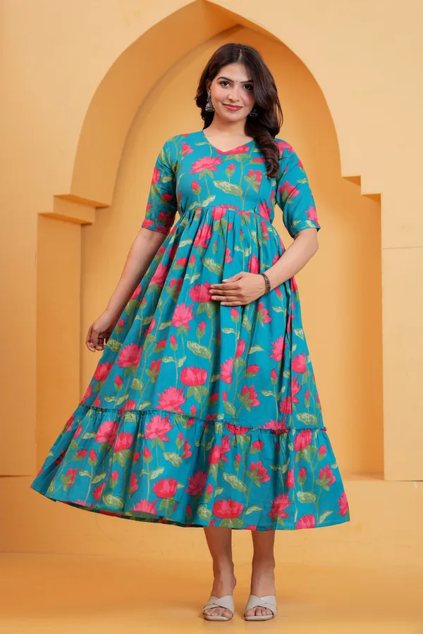 Teal_Lotus_Bloom_Maternity_Dress