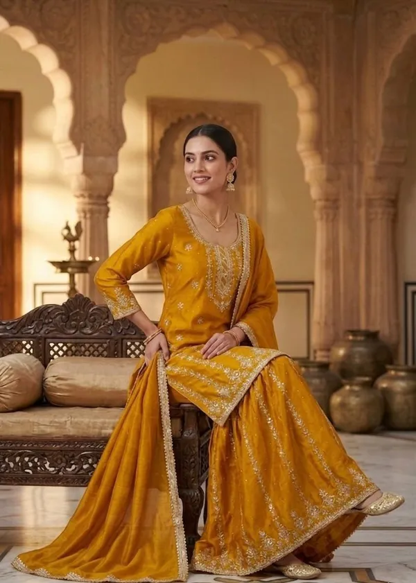 Mustard_Yellow_Chinon_Silk_Sharara_Set_For_Women