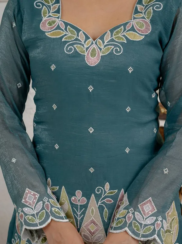 Teal_Crunchy_Silk_Sharara_Set_For_Women
