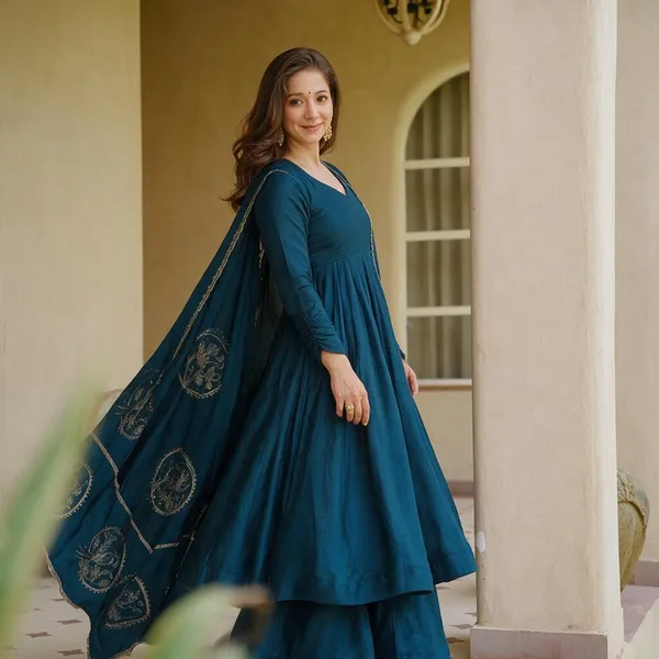 Teal_Vichitra_Silk_Anarkali_Suit_Set_For_Women
