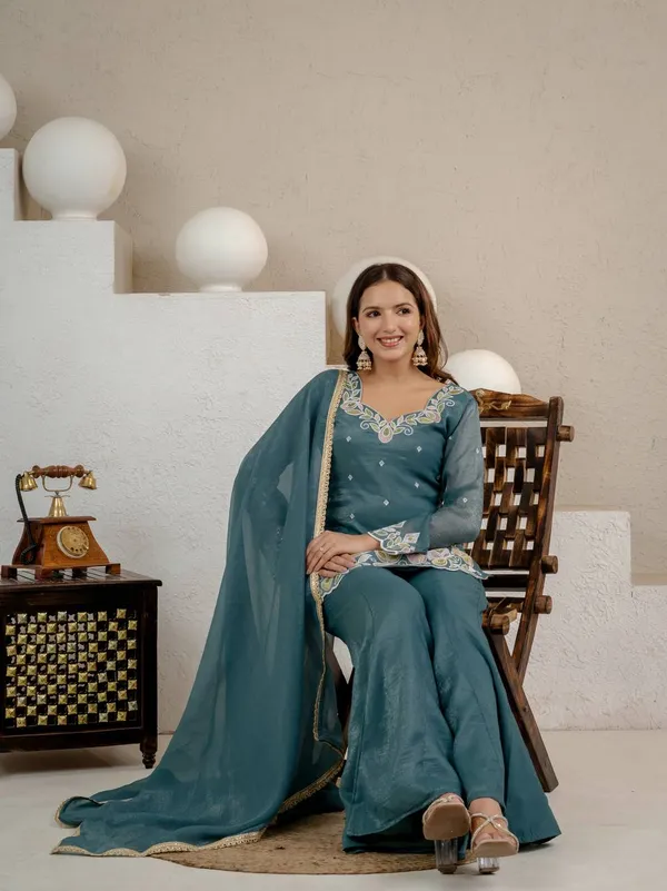 Teal_Crunchy_Silk_Sharara_Set_For_Women