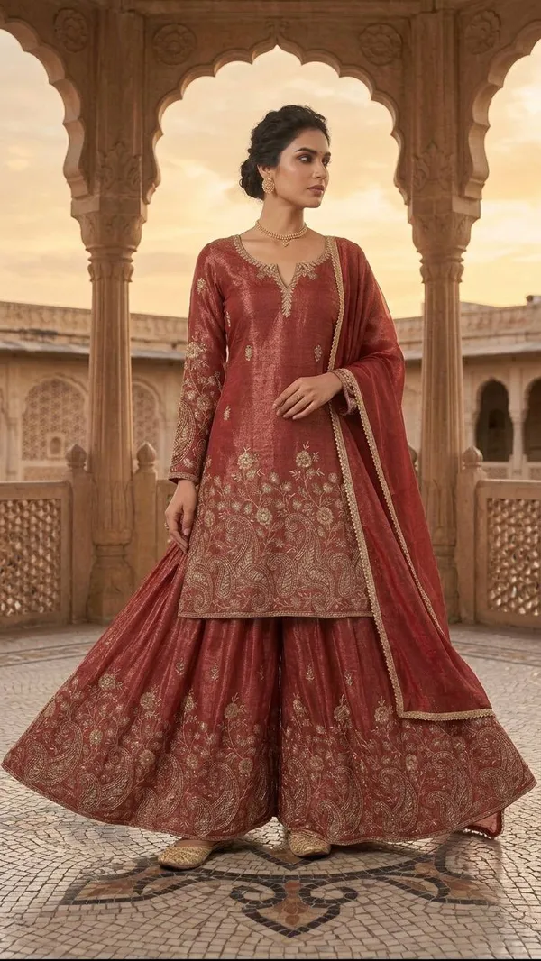 Rust_Crunchy_Silk_Sharara_Set_For_Women