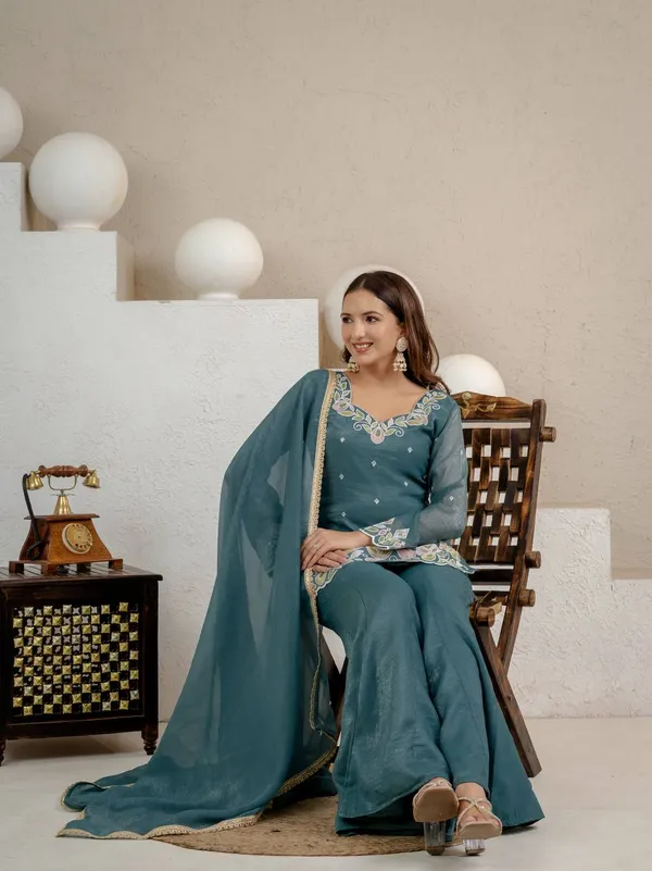 Teal_Crunchy_Silk_Sharara_Set_For_Women