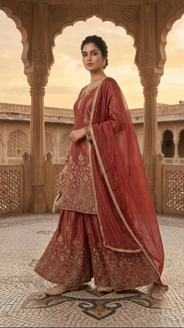 Rust_Crunchy_Silk_Sharara_Set_For_Women