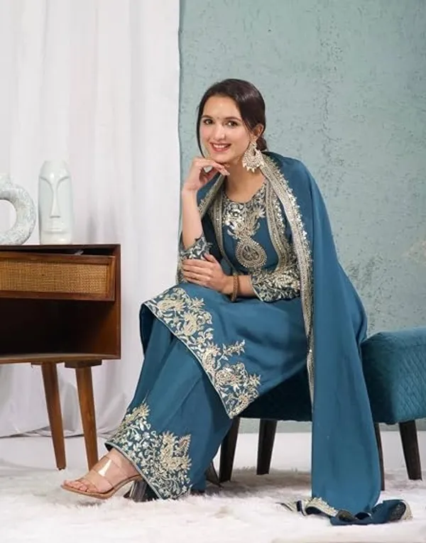 Blue_Chinon_Silk_Kurta_Set_For_Women