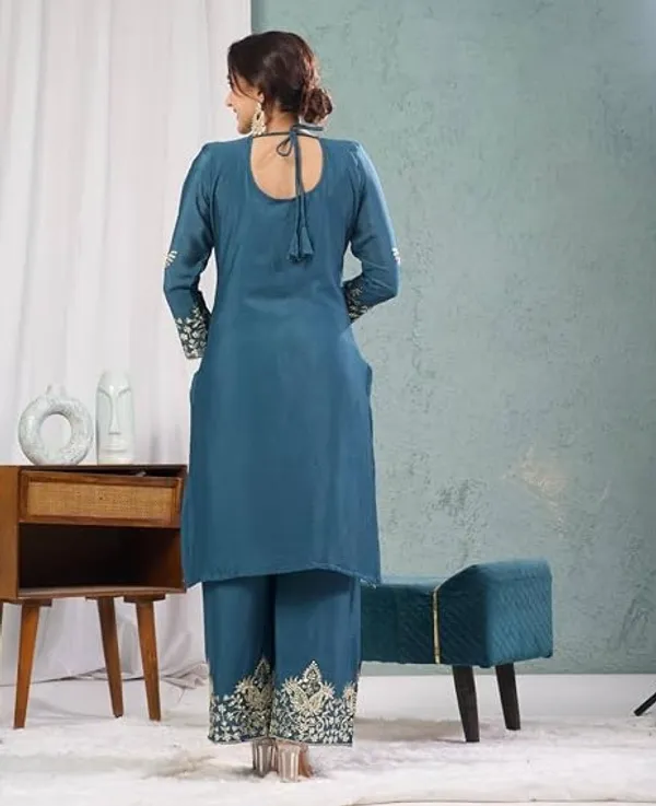 Blue_Chinon_Silk_Kurta_Set_For_Women