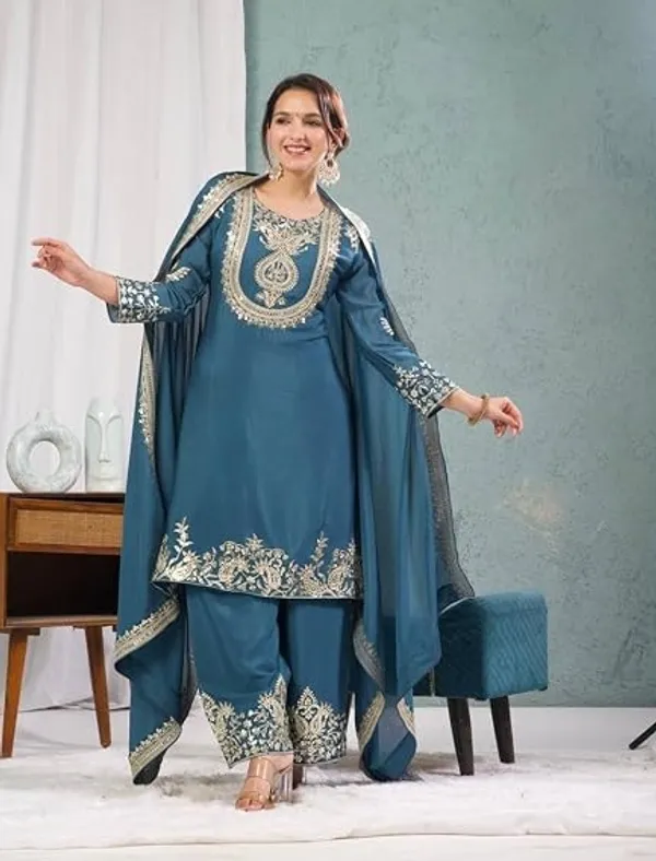 Blue_Chinon_Silk_Kurta_Set_For_Women