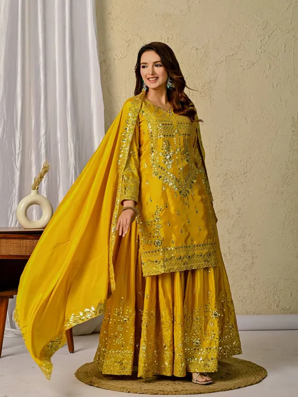 Yellow_Chinon_Silk_Kurta_Sharara_Set_For_Women
