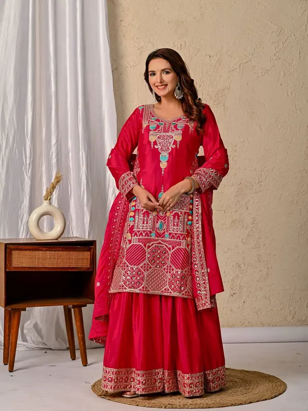 Red_Chinon_Silk_Sharara_Set_For_Women