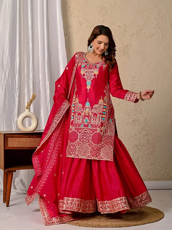 Red_Chinon_Silk_Sharara_Set_For_Women