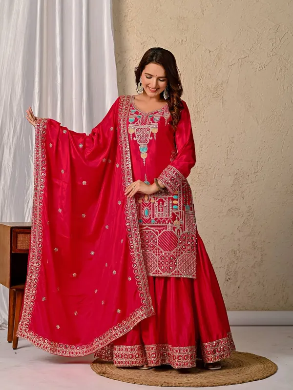 Red_Chinon_Silk_Sharara_Set_For_Women