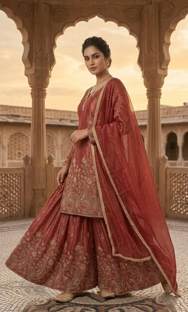 Rust_Crunchy_Silk_Sharara_Set_For_Women