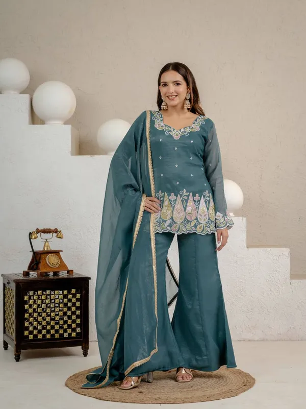 Teal_Crunchy_Silk_Sharara_Set_For_Women