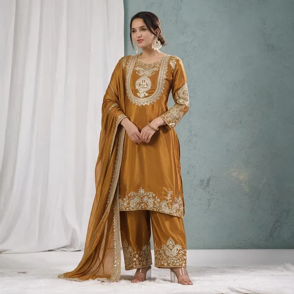 Mustard_Yellow_Chinon_Silk_Kurta_Set_For_Women