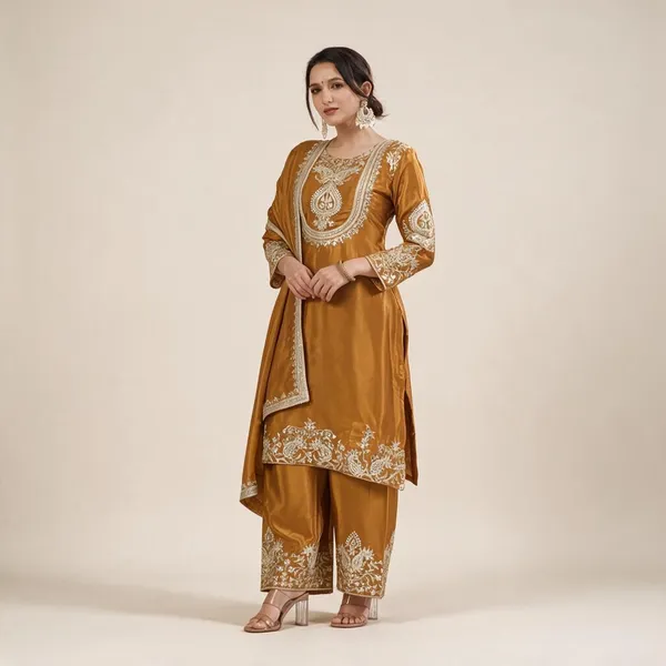 Mustard_Yellow_Chinon_Silk_Kurta_Set_For_Women
