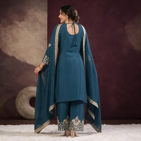 Blue_Chinon_Silk_Kurta_Set_For_Women
