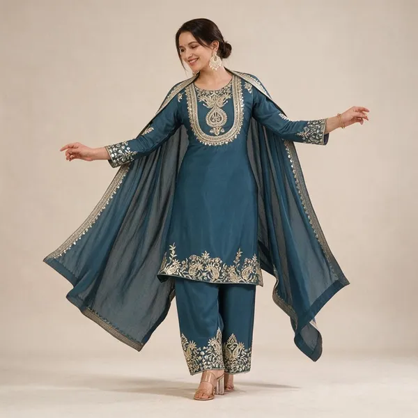Blue_Chinon_Silk_Kurta_Set_For_Women