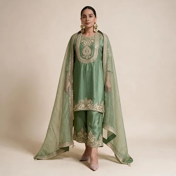 Green_Chinon_Silk_Kurta_Set_For_Women