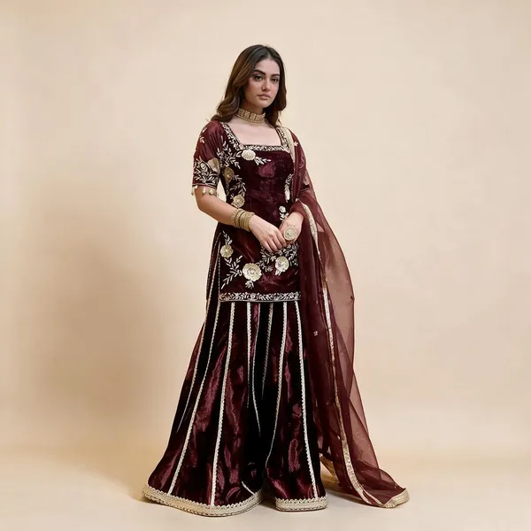 Brown_Viscose_Velvet_Sharara_Set_For_Women