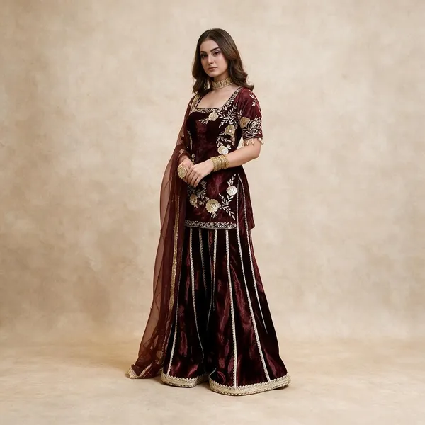 Brown_Viscose_Velvet_Sharara_Set_For_Women