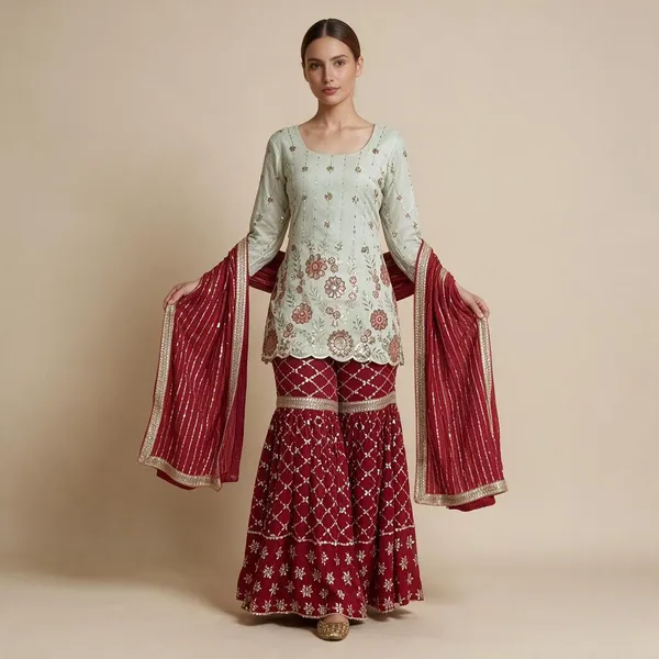 White_And_Maroon_Chinon_Silk_Sharara_Set_For_Women