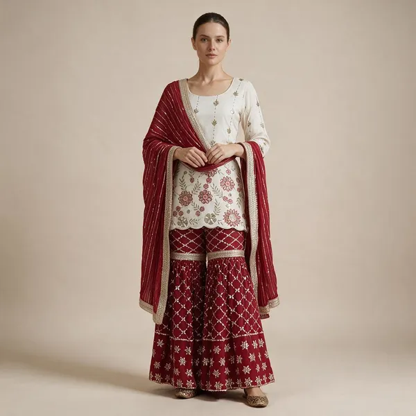 White_And_Maroon_Chinon_Silk_Sharara_Set_For_Women