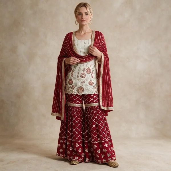 White_And_Maroon_Chinon_Silk_Sharara_Set_For_Women
