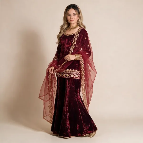 Maroon_Viscose_Velvet_Anarkali_Suit_Set_For_Women