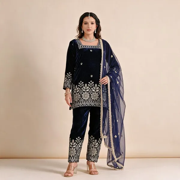 Dark_Blue_Viscose_Velvet_Suit_Set_For_Women