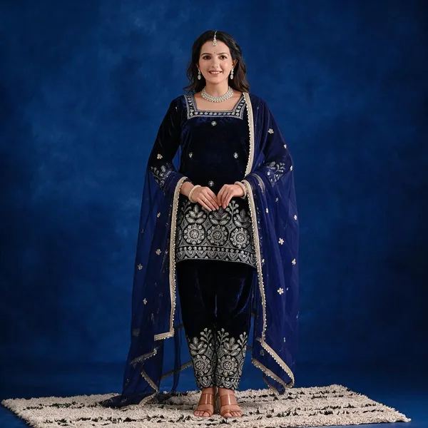 Dark_Blue_Viscose_Velvet_Suit_Set_For_Women