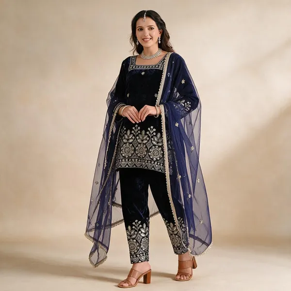 Dark_Blue_Viscose_Velvet_Suit_Set_For_Women