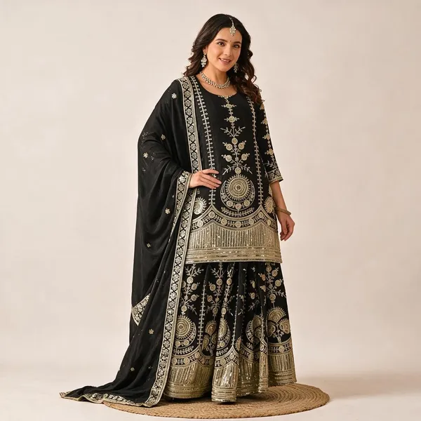 Black_Vichitra_Silk_Three_Piece_Set_For_Women