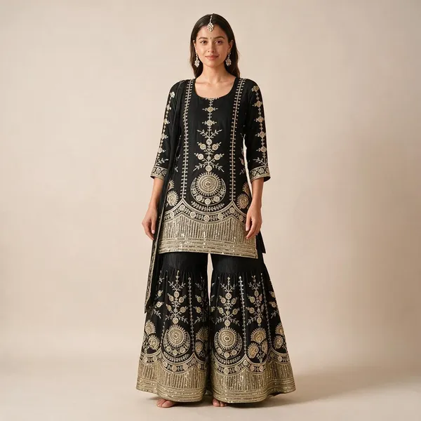 Black_Vichitra_Silk_Three_Piece_Set_For_Women