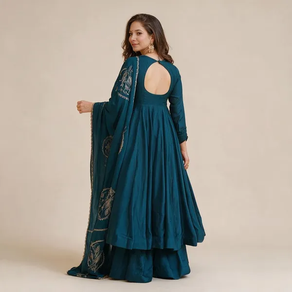 Teal_Vichitra_Silk_Anarkali_Suit_Set_For_Women